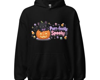 Purr-fectly Spooky Halloween Hoodie, Cute Black Cat Pumpkin Hoodie, Kawaii Spooky Season Pullover, Cat Lover Gift