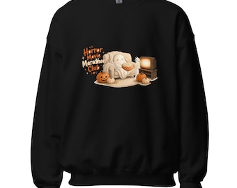 Horror Movie Marathon Club Halloween Sweatshirt, Cosy Ghost Movie Night Jumper, Spooky Season Pumpkin Crewneck