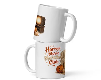 Horror Movie Marathon Club Halloween Mug, Cute Ghost Movie Night Coffee Cup, Spooky Season Pumpkin Mug Gift