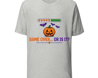 Game Over... Or Is It? Halloween T-Shirt, Retro Pixel Pumpkin Gamer Tee, Spooky Season Bat Shirt, Gamer Gift