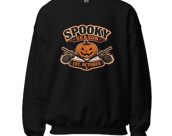 Spooky Season Est. October Halloween Sweatshirt, Vintage Pumpkin Broom Jumper, Witchy Bat Crewneck, Autumn Gift