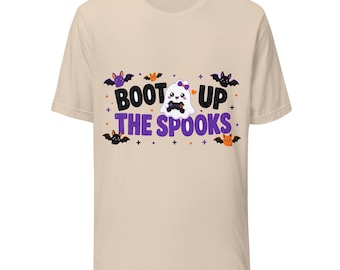 Boot Up The Spooks Halloween T-Shirt, Cute Ghost Gamer Tee, Spooky Season Bat Shirt, Unisex Halloween Gift