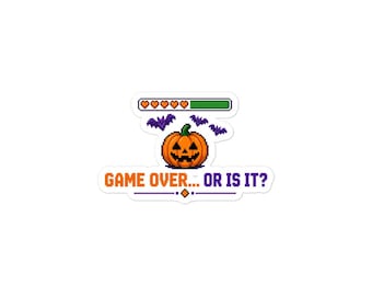 Game Over... Or Is It? Halloween Sticker, Retro Pixel Pumpkin Gamer Decal, Spooky Bat Laptop Sticker, Kiss Cut
