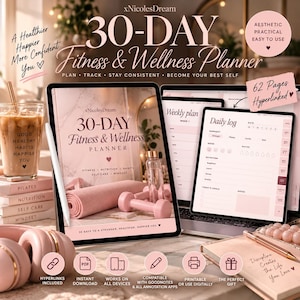 May include: A 30-day fitness and wellness planner displayed on a tablet screen, featuring a pink color scheme, yoga mat, and dumbbells. The digital interface includes sections for daily logs, weekly plans, and nutrition tracking. The planner is 62 pages long and hyperlinked for digital use.