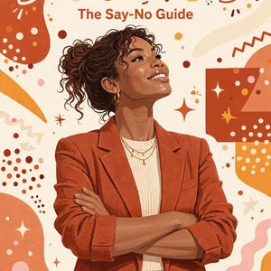 May include: A book cover titled BOUNDARIES, BABY: The Say-No Guide featuring an illustration of a person with curly brown hair in a high bun, wearing a rust-colored blazer over a white top, with arms crossed against a cream background.