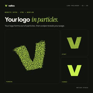 以下が含まれることがあります： Your logo in particlesというテキストが記載されたロゴプリローダーのデジタルインターフェースデザイン。ライムグリーンのドットで構成された大きなVの文字と、ドット状のVを示すStart、塗りつぶされたVを示すFormedとラベル付けされた小さなボックスが表示されています。