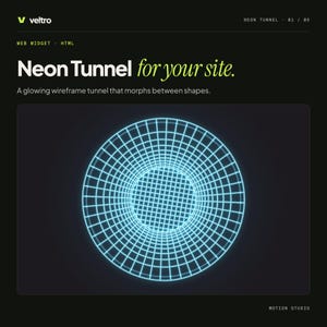 以下が含まれることがあります： V veltro、Neon Tunnel 01 / 05、WEB WIDGET - HTML、Neon Tunnel for your site、A glowing wireframe tunnel that morphs between shapesというテキストと、中央に青く光るグリッド状のトンネルが表示されたデジタルインターフェース。