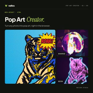 Peut inclure: Une interface numérique intitulée Pop Art Creator par Veltro présentant une illustration de tigre dans un style bande dessinée bleu et jaune avec une bulle ROAR, ainsi que des aperçus étiquetés SHARDS et NEON montrant de l'art de tigre.