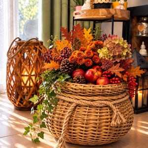 Könnte beinhalten: Ein runder geflochtener Weidenkorb mit einem dicken Seil, gefüllt mit einem herbstlichen Arrangement aus roten Äpfeln, Tannenzapfen, orangefarbenen Chrysanthemen, grünem Efeu und herbstlich gefärbten Blättern, neben einer hohen Holzlaterne.