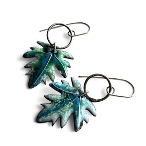 Può includere: Un paio di orecchini pendenti con ciondoli a forma di foglia caratterizzati da una vivace finitura smaltata nei toni del blu, del verde e del bianco. Ogni foglia è sospesa a un anello metallico circolare fissato a un gancio argentato.
