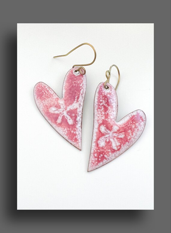 Copper Enamel Pink Heart Earrings