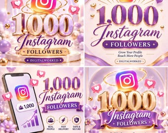 May include: A four-panel digital graphic celebrating 1,000 Instagram followers. The design features the Instagram logo, gold 3D text, purple ribbons, floating heart icons, and the brand name DIGITALWORKED on a light purple background.
