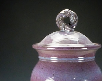 Handmade pottery lidded jar.  Urn.  Mauve glossy glaze.