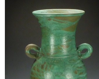 Extra large handmade pottery vase with handles.  Green satin glaze.