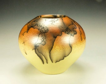 Raku Pottery. Horsehair design. Yellow and Orange.  Handmade.