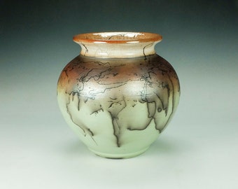 Horsehair Raku Pottery Vase.  Green Terra Sigillata, hand polished.