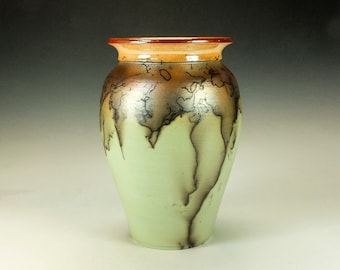 Horsehair Raku Pottery Vase.  Green Terra Sigillata, hand polished.