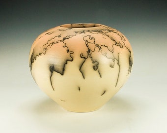 Raku Pottery. Horsehair design. Hand made. Mustard yellow and orange.