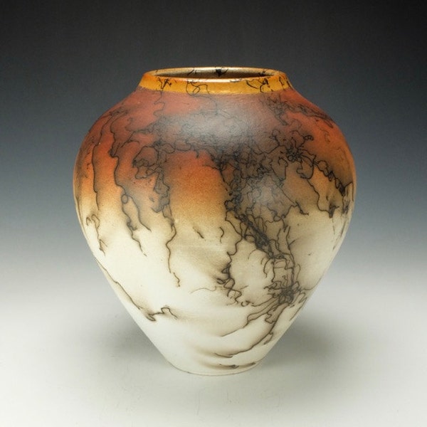 Horse Hair Raku Pottery Vase, orange, black, cream and white.  Ready to ship.