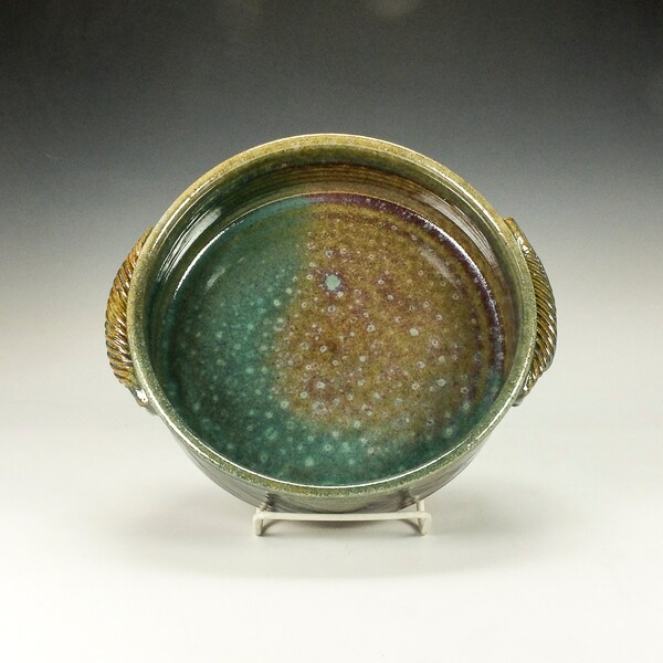 Large baking dish with handles, Mottled red and green glaze.