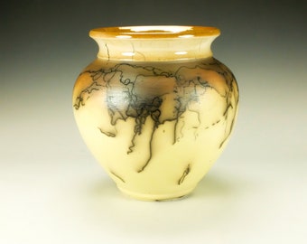 Horse Hair Raku Pottery Vase.  Yellow Terra Sigillata, hand polished.