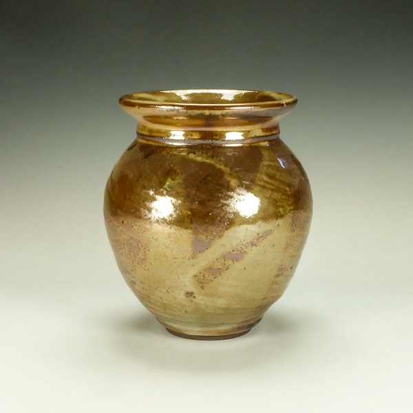 Handmade pottery flower vase.  Wood fired Shino glaze.