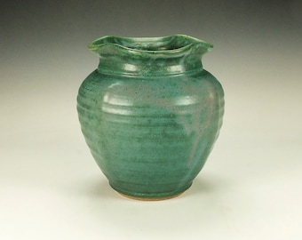 Handmade pottery flower vase.  Green satin glaze.