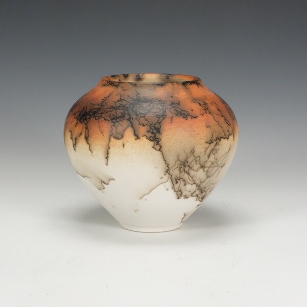 Horse Hair Raku Pottery, black, orange, cream and white.  Ready to ship.