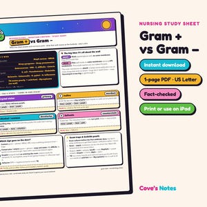 May include: A nursing study sheet titled Gram + vs Gram - featuring microbiology infection control information. The document includes sections on bacterial cell walls, staining steps, and exam pearls with text, diagrams, and a small green frog icon.