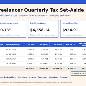 Freelancer Quarterly Tax Set-Aside Spreadsheet, 1099 Self-Employment Tax Estimate, Income & Expense Tracker, Microsoft Excel