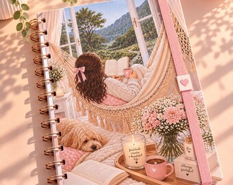 May include: A spiral-bound notebook featuring an illustration of a person in a hammock reading a book, a dog, a candle with the text 'Gratitude creates a beautiful life', a pink mug, and a box labelled 'Always grateful' with a pink elastic band.