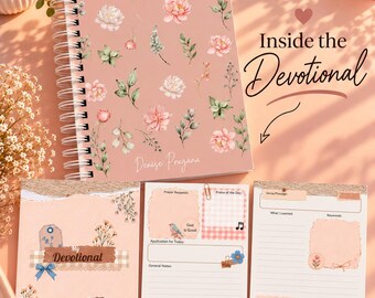 May include: A spiral-bound devotional notebook with a dusty pink cover featuring floral illustrations and the name Denise Pragana, accompanied by two matching notepad sheets with sections for prayer requests and notes.