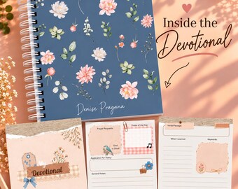May include: A spiral-bound devotional journal with a blue cover featuring pink flowers and green leaves, personalised with the name Denise Pragana. Two additional pages show sections for prayer requests, verses, and notes.
