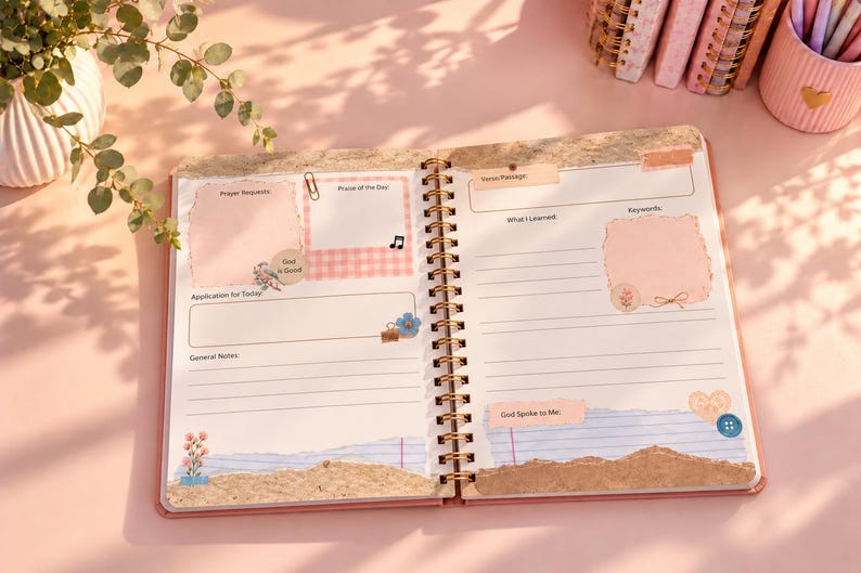 May include: An open spiral-bound prayer journal with pink and cream pages featuring sections for Prayer Requests, Praise of the Day, Verse, What I Learned, Keywords, Application for Today, General Notes, and God Spoke to Me with floral accents.