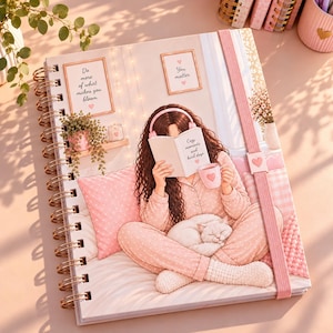 May include: A spiral-bound notebook featuring an illustration of a person in pink pyjamas reading a book while holding a mug, with a cat resting on their lap. The cover includes text that reads Do more of what makes you bloom, You matter, and Cozy moments and kind days.