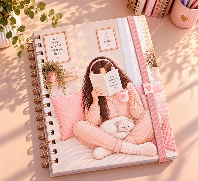 May include: A spiral-bound notebook featuring an illustration of a person in pink pyjamas reading a book while holding a mug, with a cat resting on their lap. The cover includes text that reads Do more of what makes you bloom, You matter, and Cozy moments and kind days.