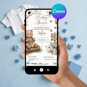 Invitación Baby Shower Osito Editable Canva | Invitación Baby Shower Niño Oso con Miel Marron | Plantilla Digital