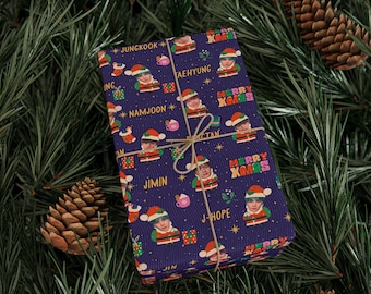 Bangtan Christmas Wrapping Paper, Kpop Mini Santa Gift Wrap, Cute Korean Pop Holiday Gift Paper, Christmas Gift Wrap