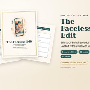 Puede incluir: Un manual en PDF imprimible titulado The Faceless Edit, con un gráfico de smartphone en la portada. El documento incluye un flujo de trabajo de 5 pasos, 30 ganchos y 20 páginas para editar videos en CapCut sin mostrar el rostro.