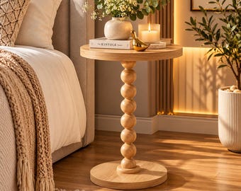 Modern Small Round Side Table | Pedestal Nightstand for Small Spaces | Rubberwood Accent Table