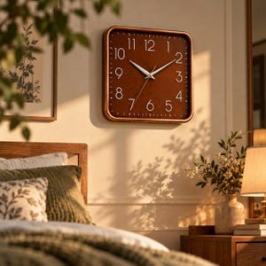 May include: A square wall clock with a dark brown face, a copper-toned frame, and white numerals from one to twelve. The clock features two white hands and a thin white second hand, all centered on the smooth, solid-colored dial.