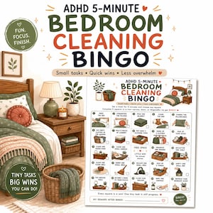 May include: A printable ADHD 5-Minute Bedroom Cleaning Bingo game sheet featuring a grid of 25 small household tasks. The design includes illustrations of a cozy bedroom, a lamp, a plant, and a basket, with text prompts for quick cleaning.