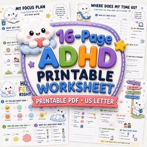 Könnte beinhalten: Ein 16-seitiges, ausdruckbares ADHS-Arbeitsblatt-Set im US-Letter-Format. Die zentrale Grafik zeigt eine lächelnde Wolkenfigur, die ein rotes Herz hält, mit dem Text 16-Page ADHD PRINTABLE WORKSHEET und PRINTABLE PDF US LETTER.
