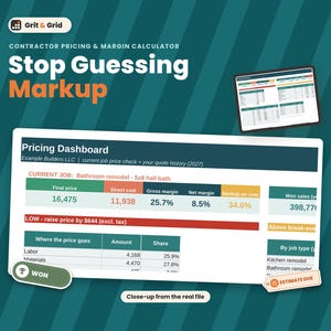 May include: A digital contractor pricing and margin calculator dashboard titled Stop Guessing Markup. The interface displays a Pricing Dashboard for Example Builders LLC, showing job costs, margins, and labor data for a bathroom remodel.