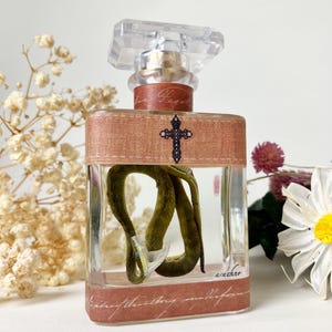 May include: A rectangular glass perfume bottle featuring a clear liquid inside with a coiled green snake figure. The bottle has a tan label with a dark cross symbol and the text "arachro" printed on the front, topped with a clear cap.