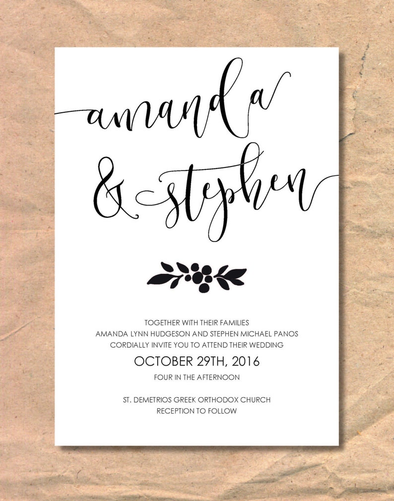 Black and White Script Printable Modern Calligraphy Wedding Invitation
