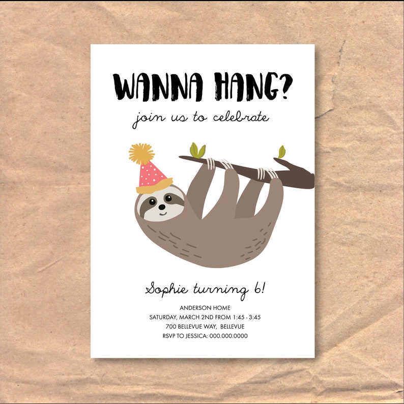 Sloth Birthday Invitation / Children's Birthday Invite | Etsy