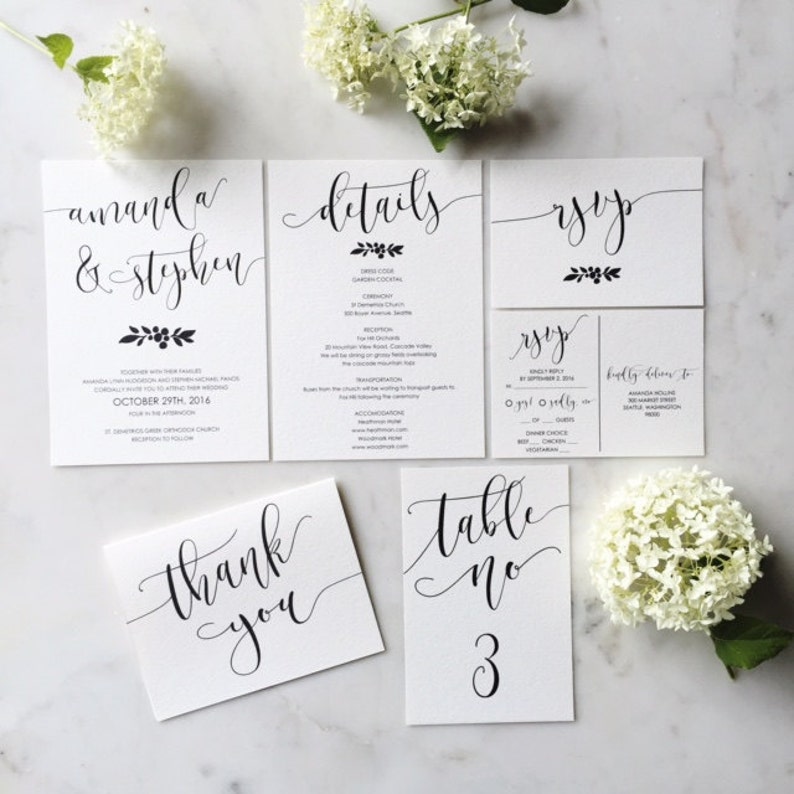 Black and White Script Printable Modern Calligraphy Wedding Invitation
