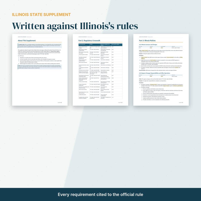 Pu&ograve; includere: Tre pagine del documento Illinois State Supplement intitolato Written against Illinois's rules. Le pagine contengono sezioni di testo About This Supplement, Part 2: Regulatory Crosswalk e Part 3: Illinois Policies con tabelle.