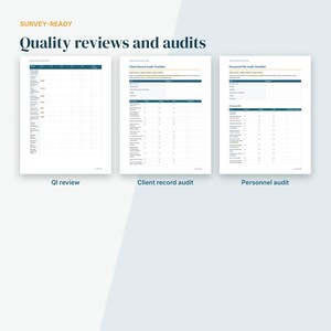 May include: Three white document pages titled Survey-Ready Quality reviews and audits. The pages feature tables labeled QI review, Client Record Audit Checklist, and Personnel File Audit Checklist with columns for status and comments.